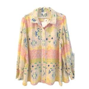 Cynthia Rowley Floral Shirt Women Sz 2X Scallop Collar Long Sleeve Op Art Boho